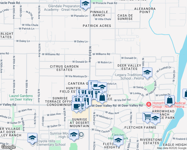 map of restaurants, bars, coffee shops, grocery stores, and more near 22203 West Hillcrest Boulevard in Peoria