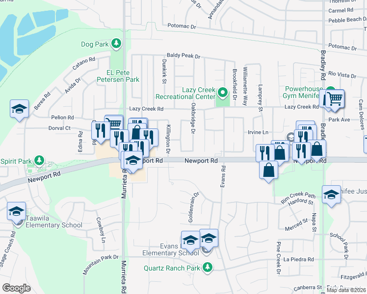 map of restaurants, bars, coffee shops, grocery stores, and more near 29950 Pacific Channel Way in Menifee