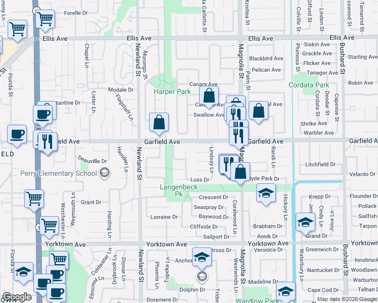 map of restaurants, bars, coffee shops, grocery stores, and more near 8681 Brookside Drive in Huntington Beach