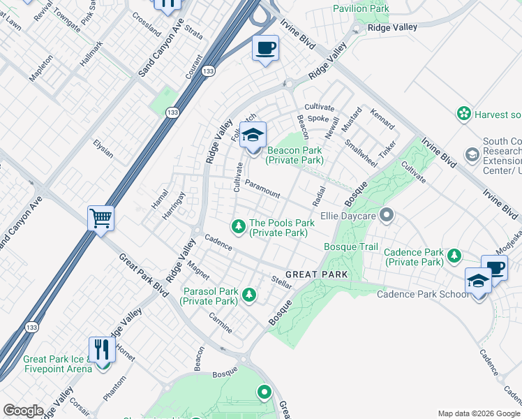 map of restaurants, bars, coffee shops, grocery stores, and more near 116 Mongoose in Irvine