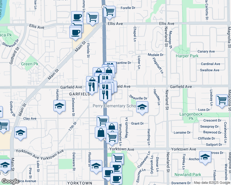 map of restaurants, bars, coffee shops, grocery stores, and more near 19110 Beachcrest Lane in Huntington Beach