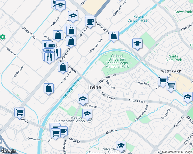 map of restaurants, bars, coffee shops, grocery stores, and more near 1 Civic Center Plaza in Irvine