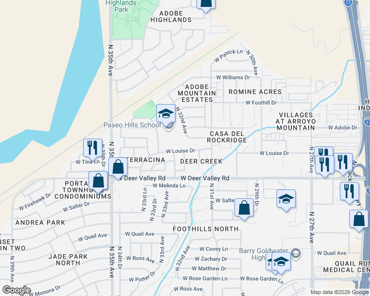 map of restaurants, bars, coffee shops, grocery stores, and more near 3201 West Louise Drive in Phoenix