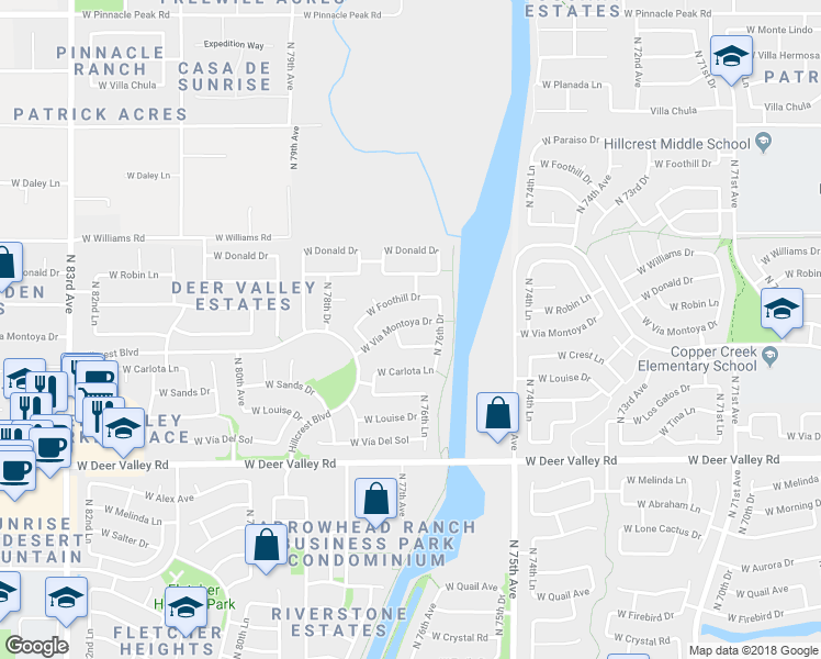 map of restaurants, bars, coffee shops, grocery stores, and more near 7654 West Angels Lane in Peoria