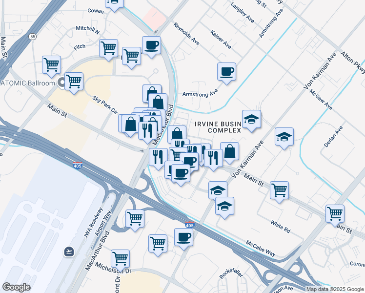 map of restaurants, bars, coffee shops, grocery stores, and more near 2031 Main Street in Irvine