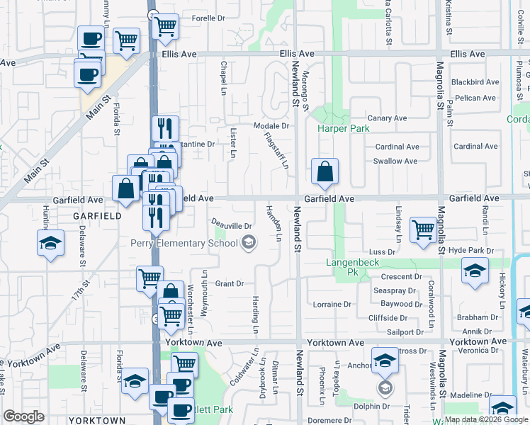 map of restaurants, bars, coffee shops, grocery stores, and more near 19082 Summerfield Lane in Huntington Beach