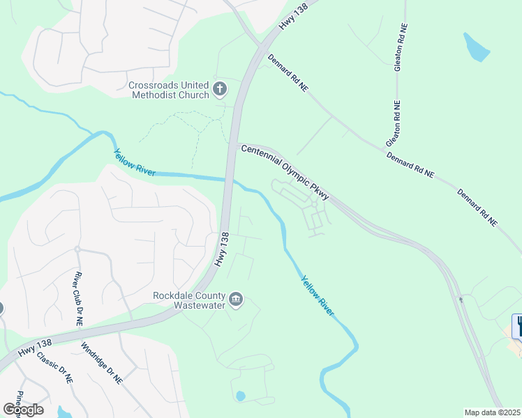 map of restaurants, bars, coffee shops, grocery stores, and more near 1621 Riverside Trail Northeast in Conyers