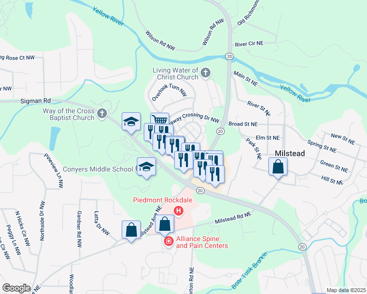 map of restaurants, bars, coffee shops, grocery stores, and more near 144 Odyssey Turn Northwest in Conyers