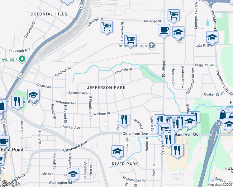 map of restaurants, bars, coffee shops, grocery stores, and more near 1087 Jefferson Avenue in East Point