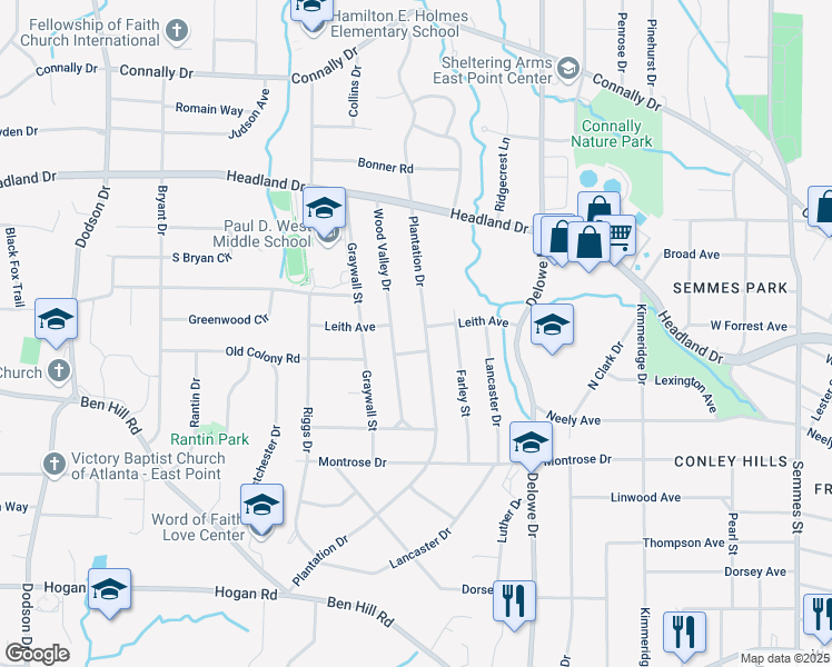 map of restaurants, bars, coffee shops, grocery stores, and more near 2545 Plantation Drive in East Point