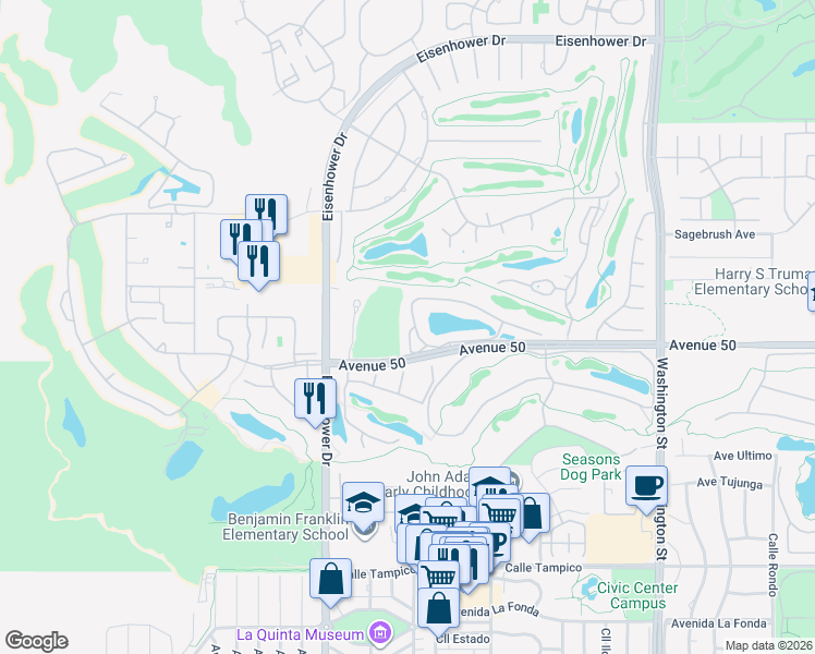 map of restaurants, bars, coffee shops, grocery stores, and more near 49845 Lago Drive in La Quinta