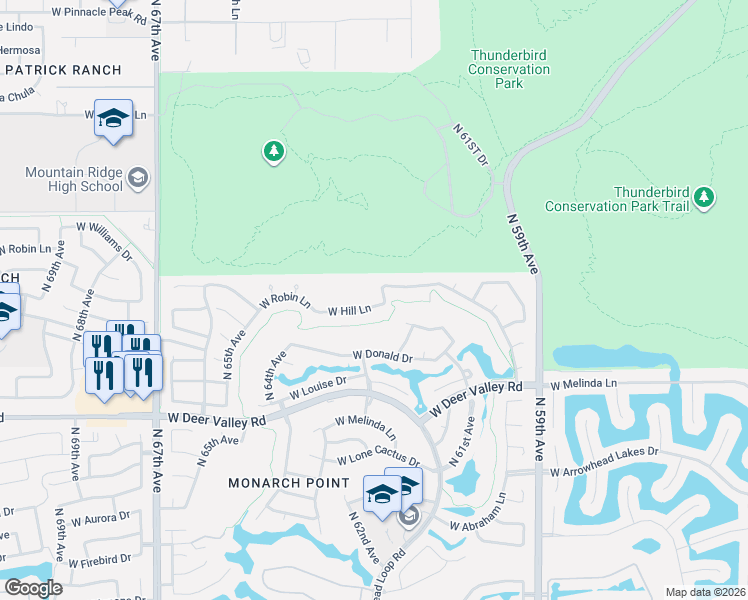 map of restaurants, bars, coffee shops, grocery stores, and more near 6323 West Hill Lane in Glendale
