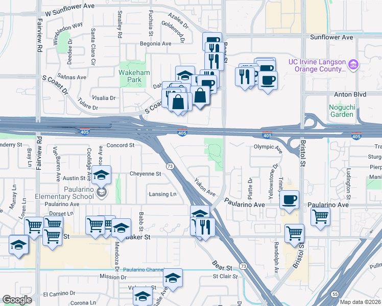 map of restaurants, bars, coffee shops, grocery stores, and more near 3128 Yukon Avenue in Costa Mesa