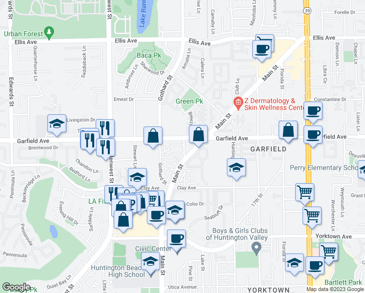 map of restaurants, bars, coffee shops, grocery stores, and more near 19051 Holly Lane in Huntington Beach