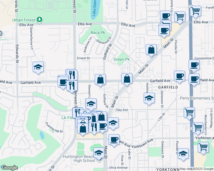 map of restaurants, bars, coffee shops, grocery stores, and more near Max Court in Huntington Beach