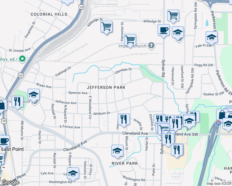 map of restaurants, bars, coffee shops, grocery stores, and more near 1087 Jefferson Avenue in East Point