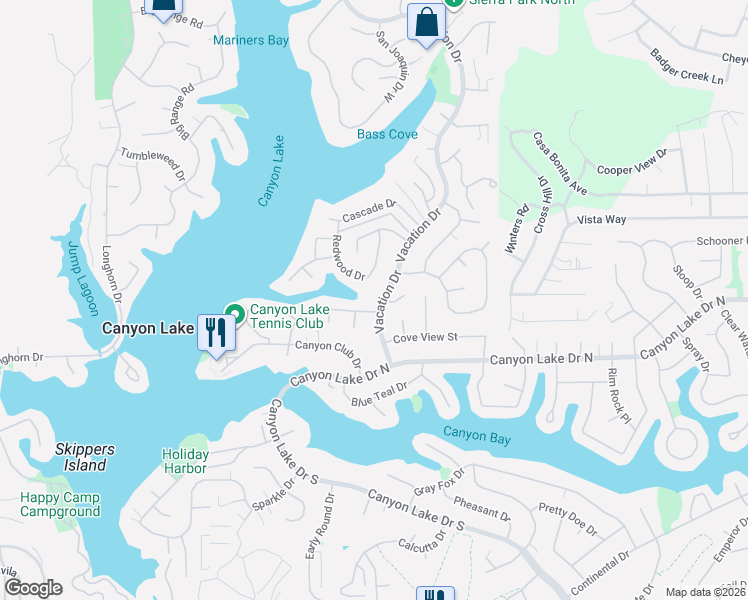 map of restaurants, bars, coffee shops, grocery stores, and more near 29901 Vacation Drive in Canyon Lake