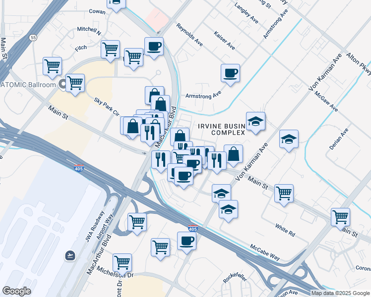 map of restaurants, bars, coffee shops, grocery stores, and more near 2031 Main Street in Irvine