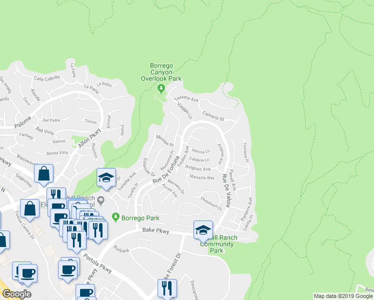map of restaurants, bars, coffee shops, grocery stores, and more near Toulon Avenue in Lake Forest