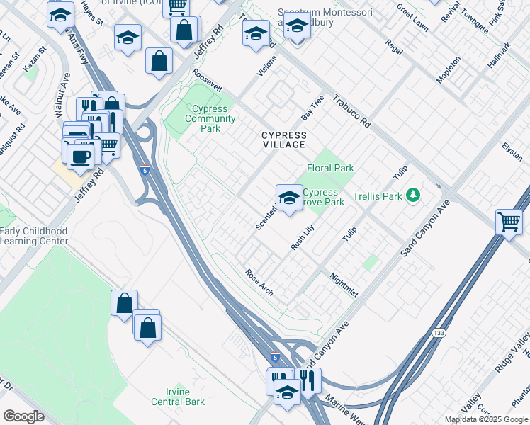 map of restaurants, bars, coffee shops, grocery stores, and more near 120 Crimson Oak in Irvine