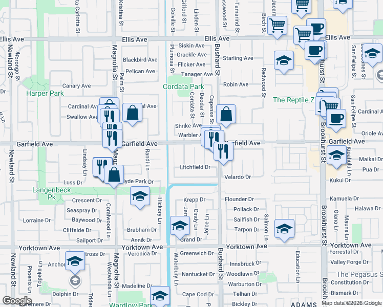 map of restaurants, bars, coffee shops, grocery stores, and more near 19041 Hillsboro Circle in Huntington Beach