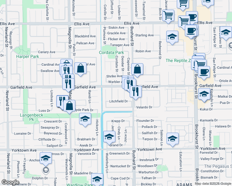 map of restaurants, bars, coffee shops, grocery stores, and more near 19041 Hillsboro Circle in Huntington Beach