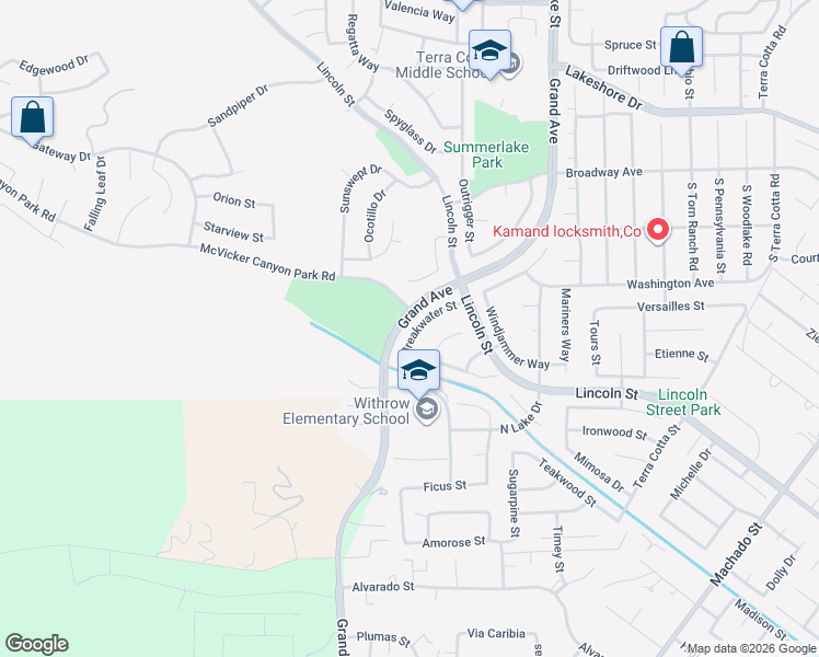 map of restaurants, bars, coffee shops, grocery stores, and more near 29345 Breakwater Street in Lake Elsinore