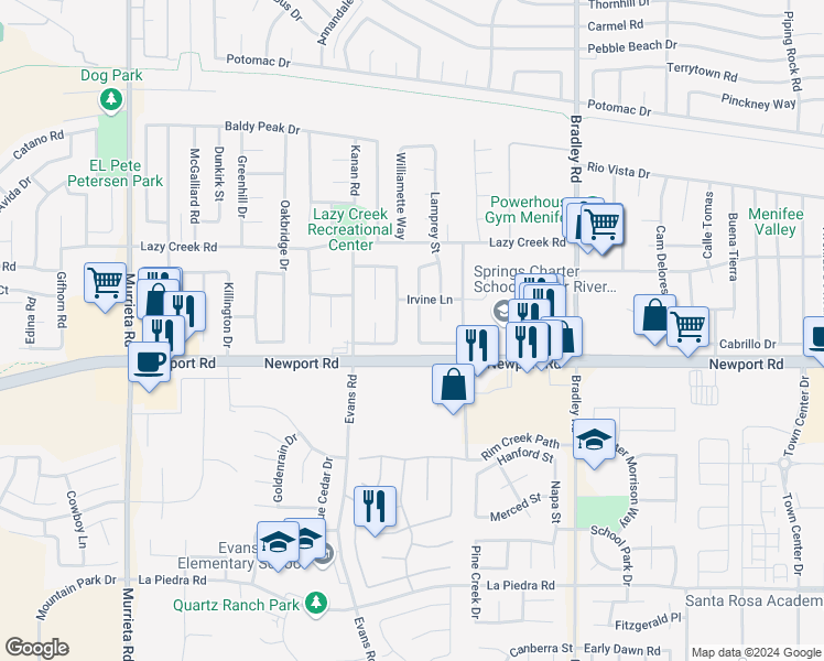 map of restaurants, bars, coffee shops, grocery stores, and more near 29935 Fox Creek Drive in Menifee