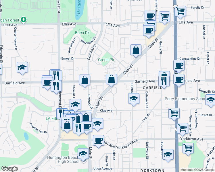 map of restaurants, bars, coffee shops, grocery stores, and more near 19051 Main Street in Huntington Beach
