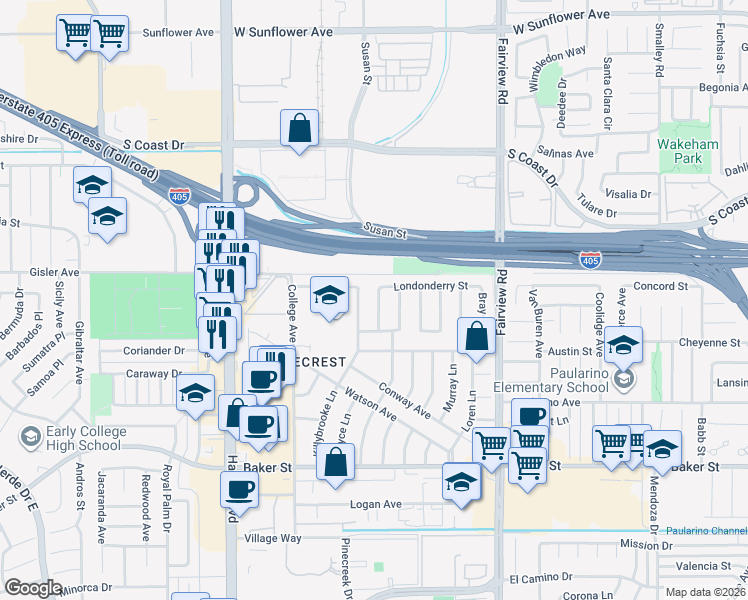 map of restaurants, bars, coffee shops, grocery stores, and more near 3149 Sharon Lane in Costa Mesa