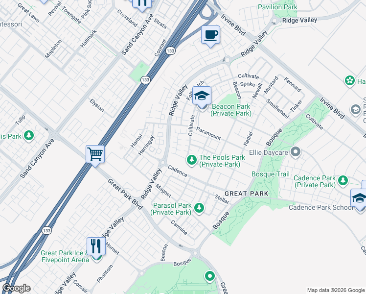 map of restaurants, bars, coffee shops, grocery stores, and more near 163 Newington in Irvine