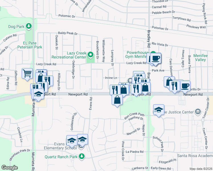 map of restaurants, bars, coffee shops, grocery stores, and more near 29935 Fox Creek Drive in Menifee