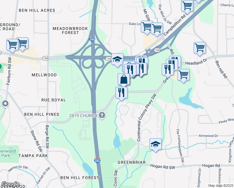 map of restaurants, bars, coffee shops, grocery stores, and more near 3161 Greenbriar Parkway Southwest in Atlanta
