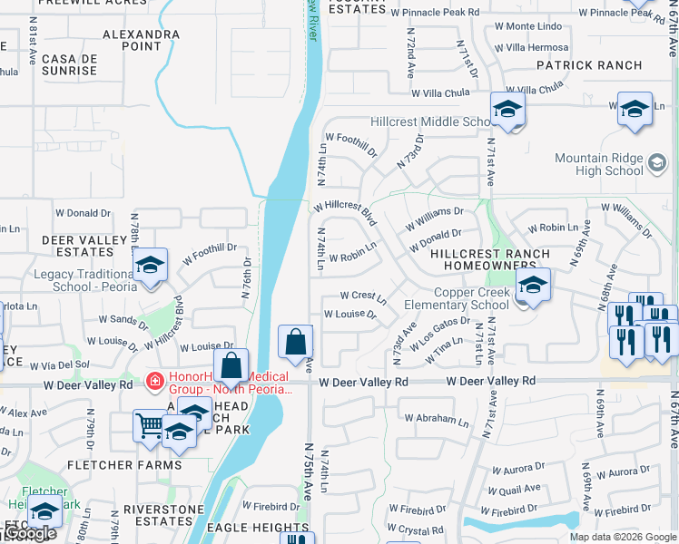 map of restaurants, bars, coffee shops, grocery stores, and more near 7455 West Via Montoya Drive in Glendale