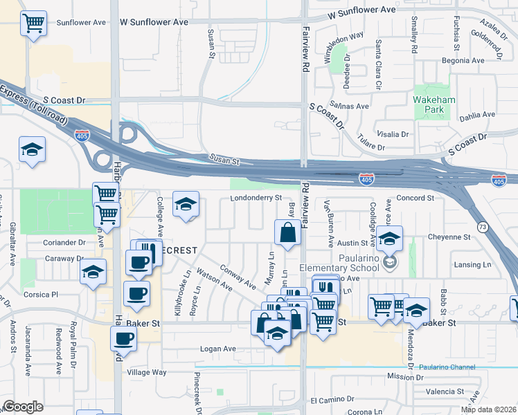map of restaurants, bars, coffee shops, grocery stores, and more near 3137 Kerry Lane in Costa Mesa