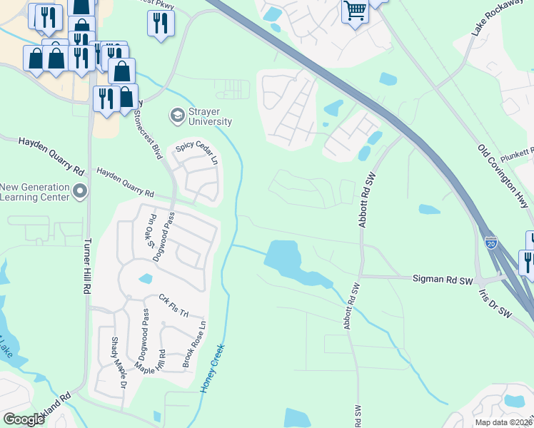 map of restaurants, bars, coffee shops, grocery stores, and more near 2833 Abbott Lake Road Southwest in Conyers