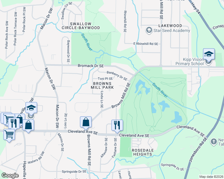 map of restaurants, bars, coffee shops, grocery stores, and more near 2508 Mobley Court Southeast in Atlanta