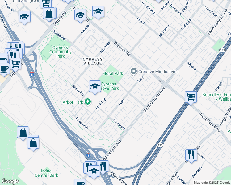 map of restaurants, bars, coffee shops, grocery stores, and more near 76 Honeyflower in Irvine