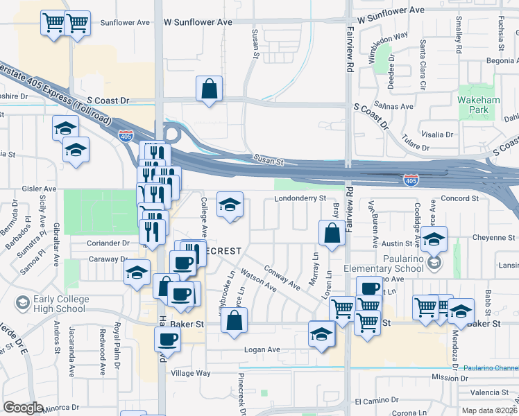 map of restaurants, bars, coffee shops, grocery stores, and more near 3149 Sharon Lane in Costa Mesa