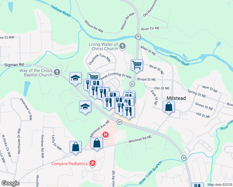 map of restaurants, bars, coffee shops, grocery stores, and more near 172 Odyssey Turn Northwest in Conyers