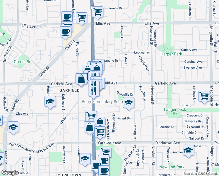 map of restaurants, bars, coffee shops, grocery stores, and more near 8125 Surfline Drive in Huntington Beach