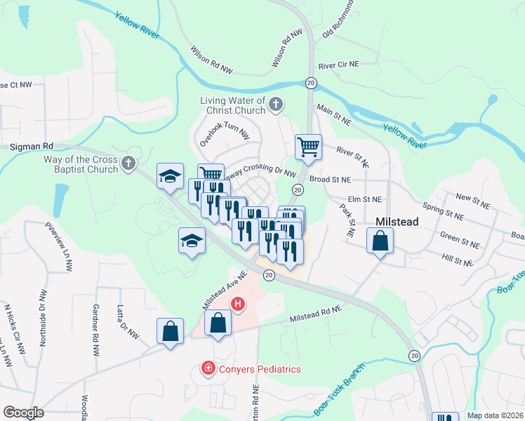 map of restaurants, bars, coffee shops, grocery stores, and more near 156 Odyssey Turn Northwest in Conyers
