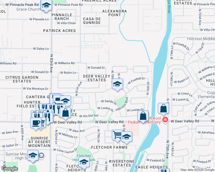 map of restaurants, bars, coffee shops, grocery stores, and more near 22321 North 79th Drive in Peoria