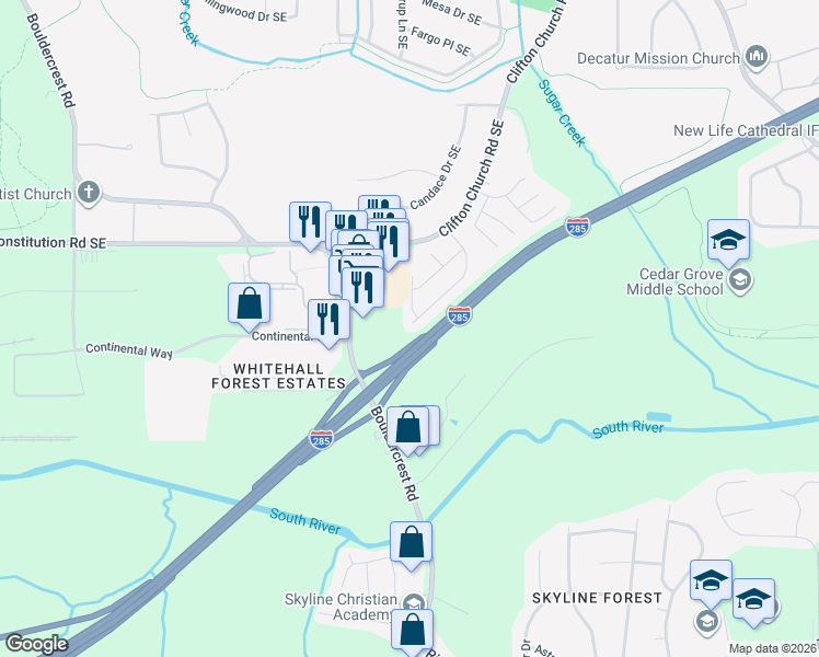 map of restaurants, bars, coffee shops, grocery stores, and more near 1945 Oak Terrace Drive Southeast in Atlanta