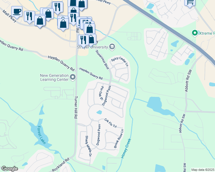 map of restaurants, bars, coffee shops, grocery stores, and more near 3299 Dogwood Pass in Stonecrest