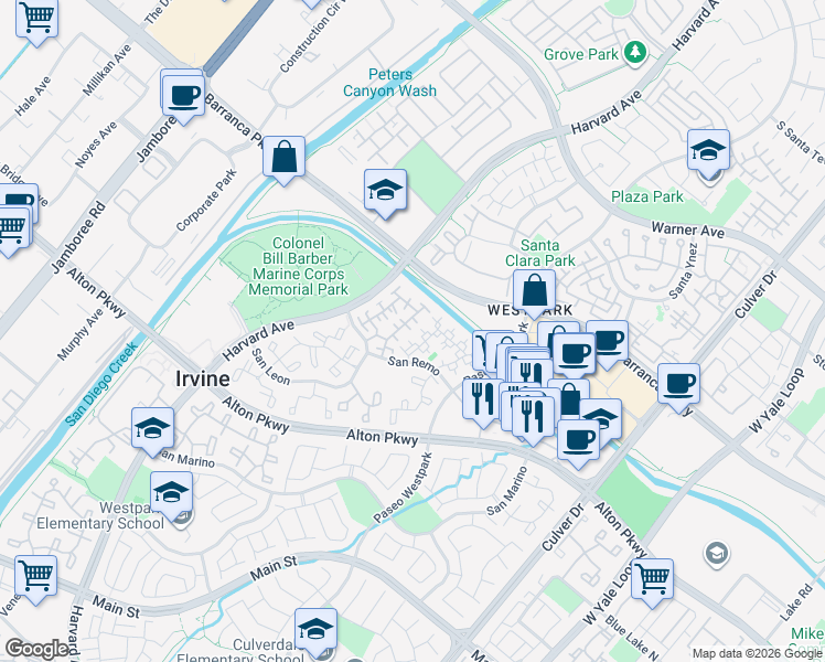 map of restaurants, bars, coffee shops, grocery stores, and more near 10 Bettoni Aisle in Irvine