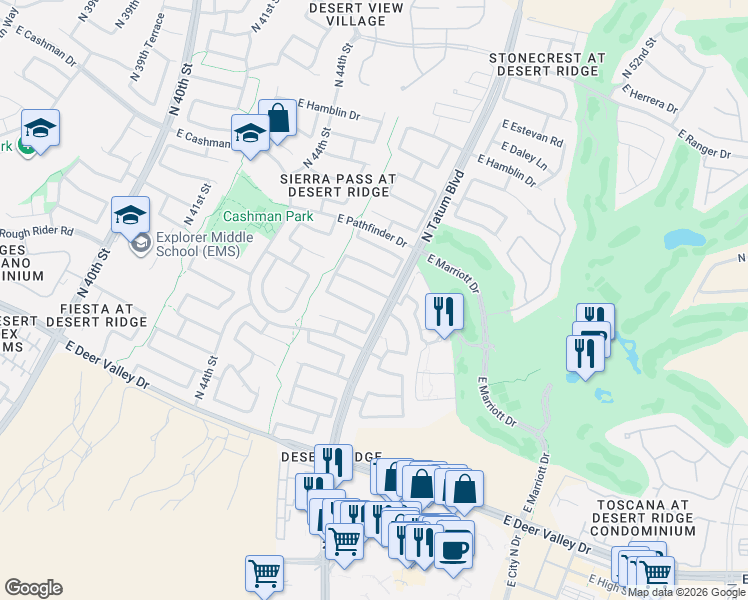 map of restaurants, bars, coffee shops, grocery stores, and more near 21860-21974 North Tatum Boulevard in Phoenix
