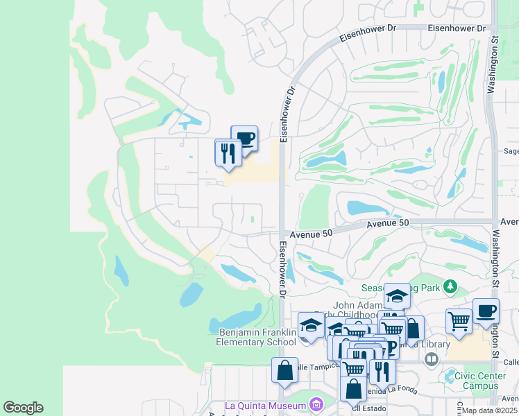 map of restaurants, bars, coffee shops, grocery stores, and more near 49840 Calle Estrella in La Quinta