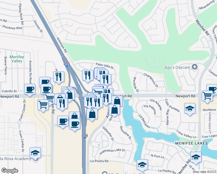 map of restaurants, bars, coffee shops, grocery stores, and more near 28000-28192 Newport Rd in Riverside