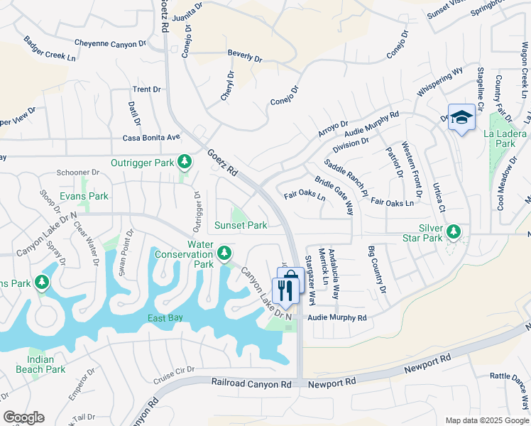 map of restaurants, bars, coffee shops, grocery stores, and more near 29989 Windward Drive in Canyon Lake
